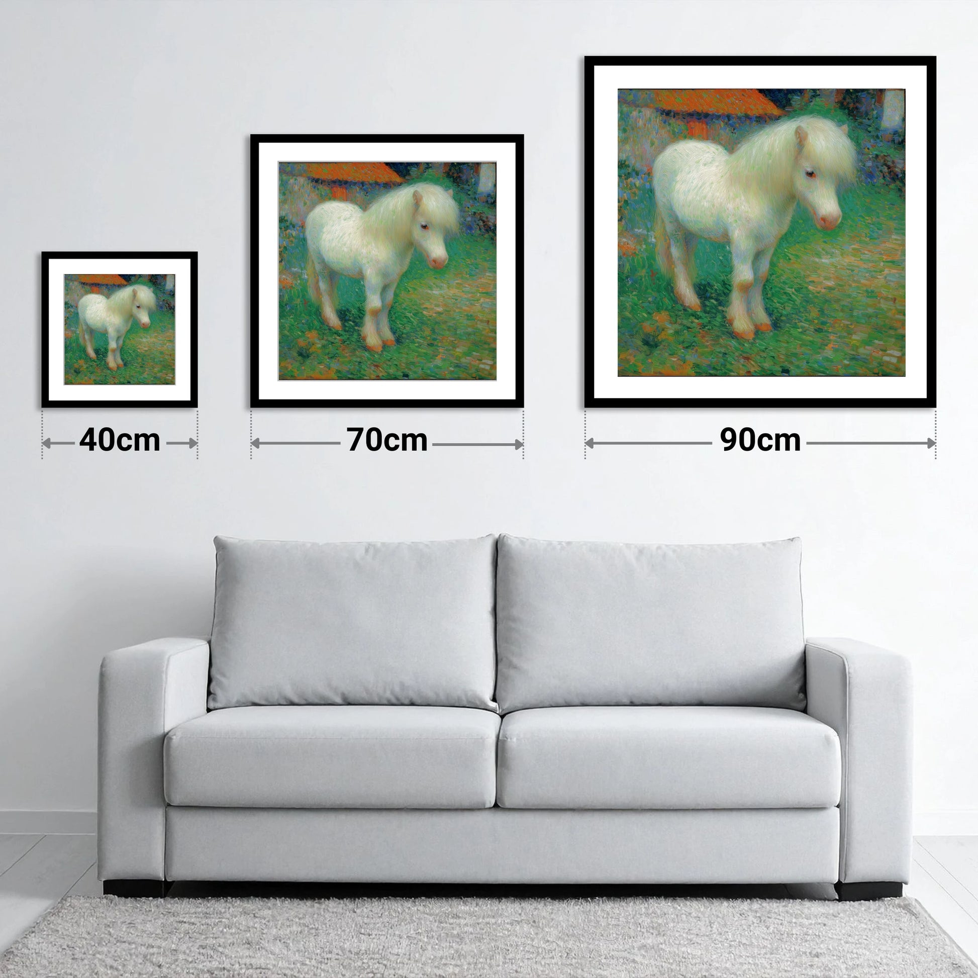 Sunlit White Pony - size guide showing 40cm, 70cm and 90cm art prints