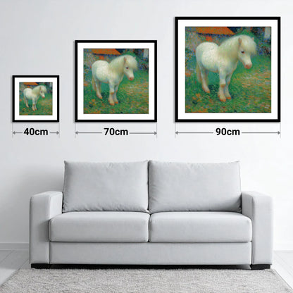Sunlit White Pony - size guide showing 40cm, 70cm and 90cm art prints