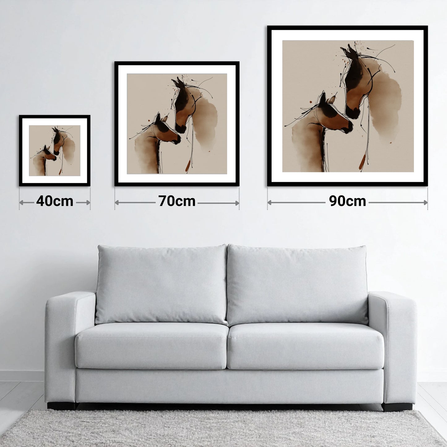 Tender Sepia Bond - size guide showing 40cm, 70cm and 90cm art prints