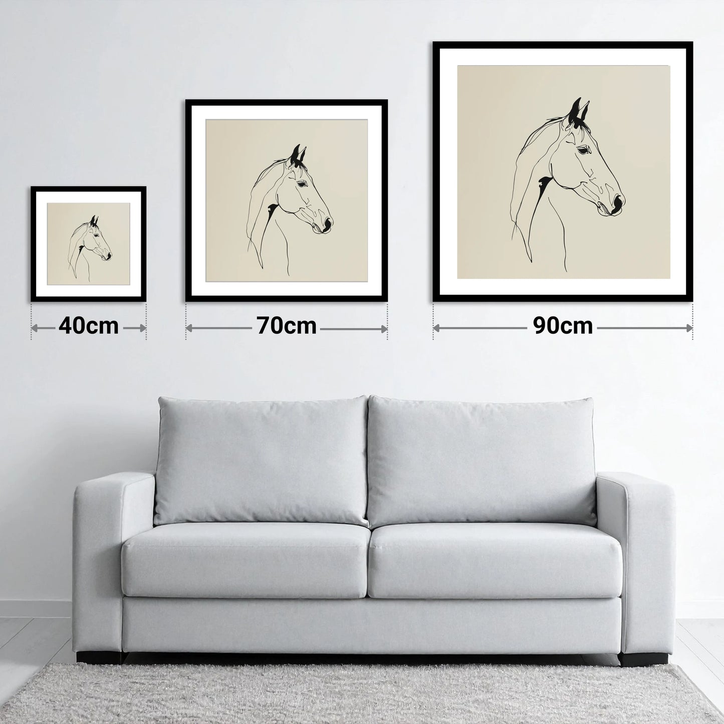 Elegant Equine Profile - size guide showing 40cm, 70cm and 90cm art prints