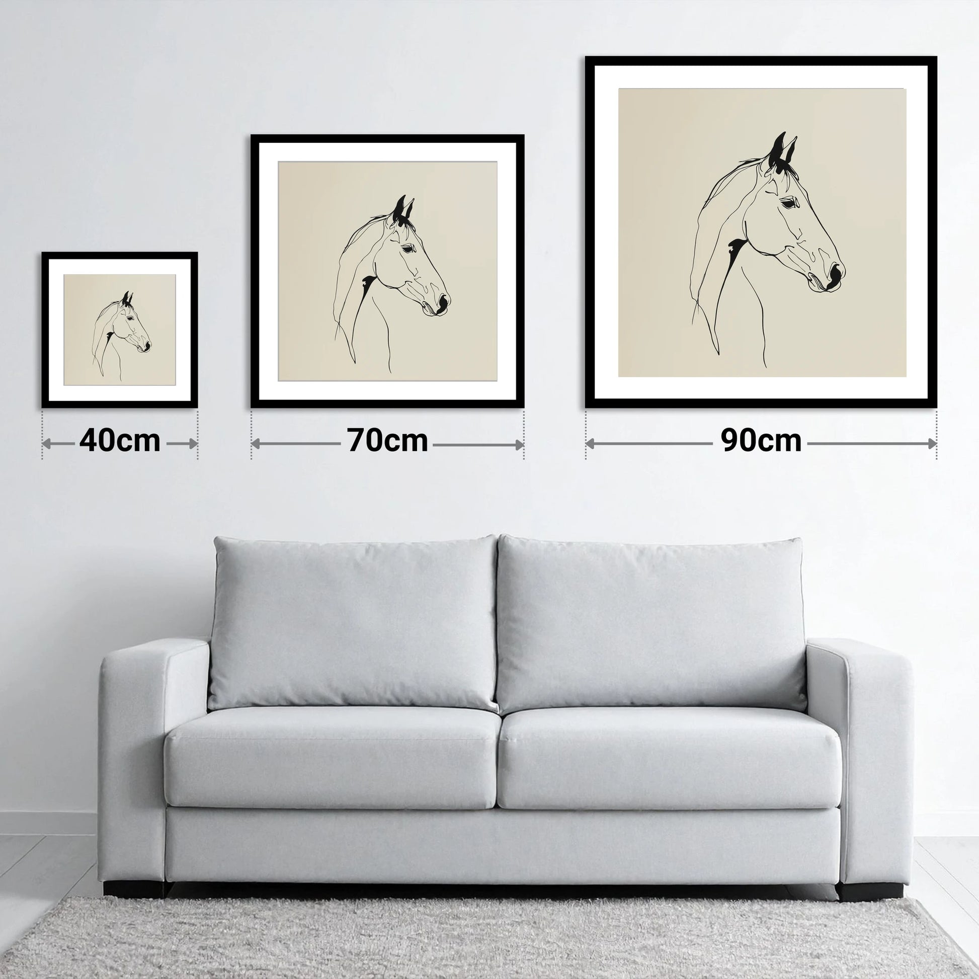 Elegant Equine Profile - size guide showing 40cm, 70cm and 90cm art prints