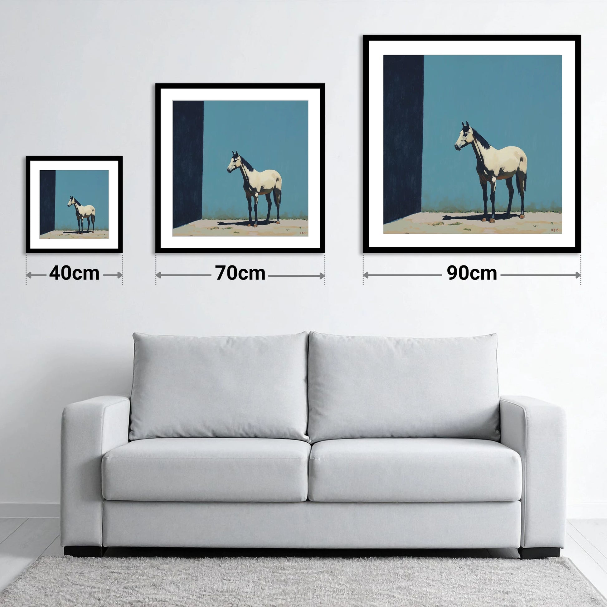 Cerulean and Shadow - size guide showing 40cm, 70cm and 90cm art prints