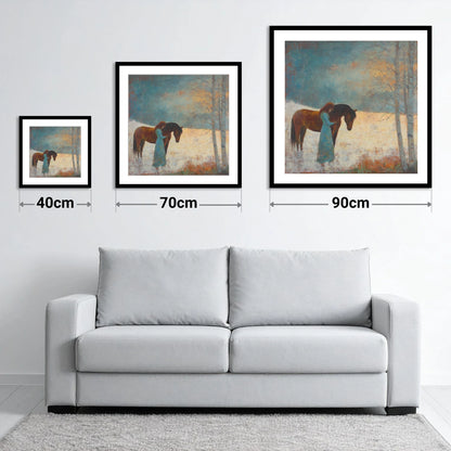 Whispers In Winter - size guide showing 40cm, 70cm and 90cm art prints