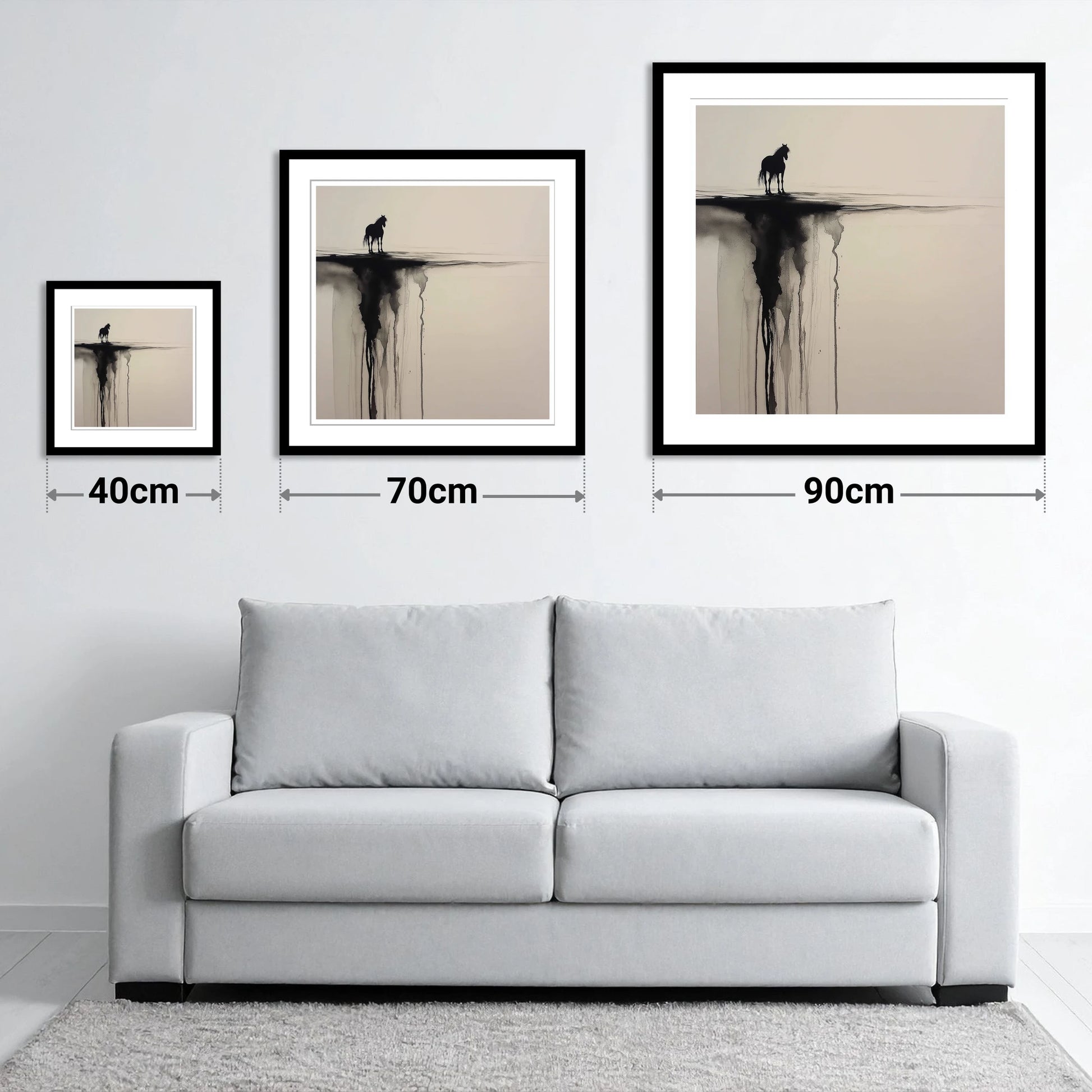Edge of Silence - size guide showing 40cm, 70cm and 90cm art prints