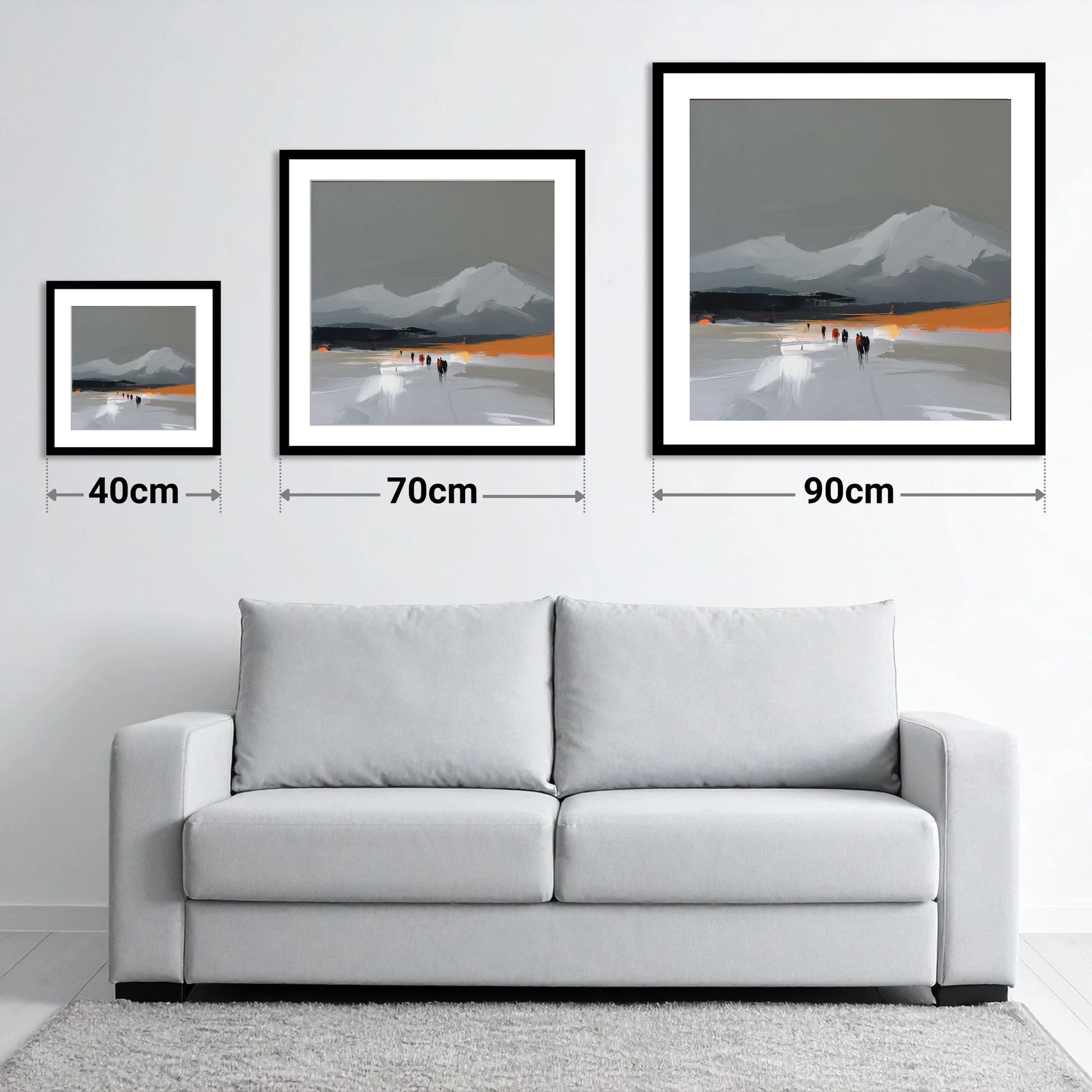 Ember Horizon Trek - size guide showing 40cm, 70cm and 90cm art prints