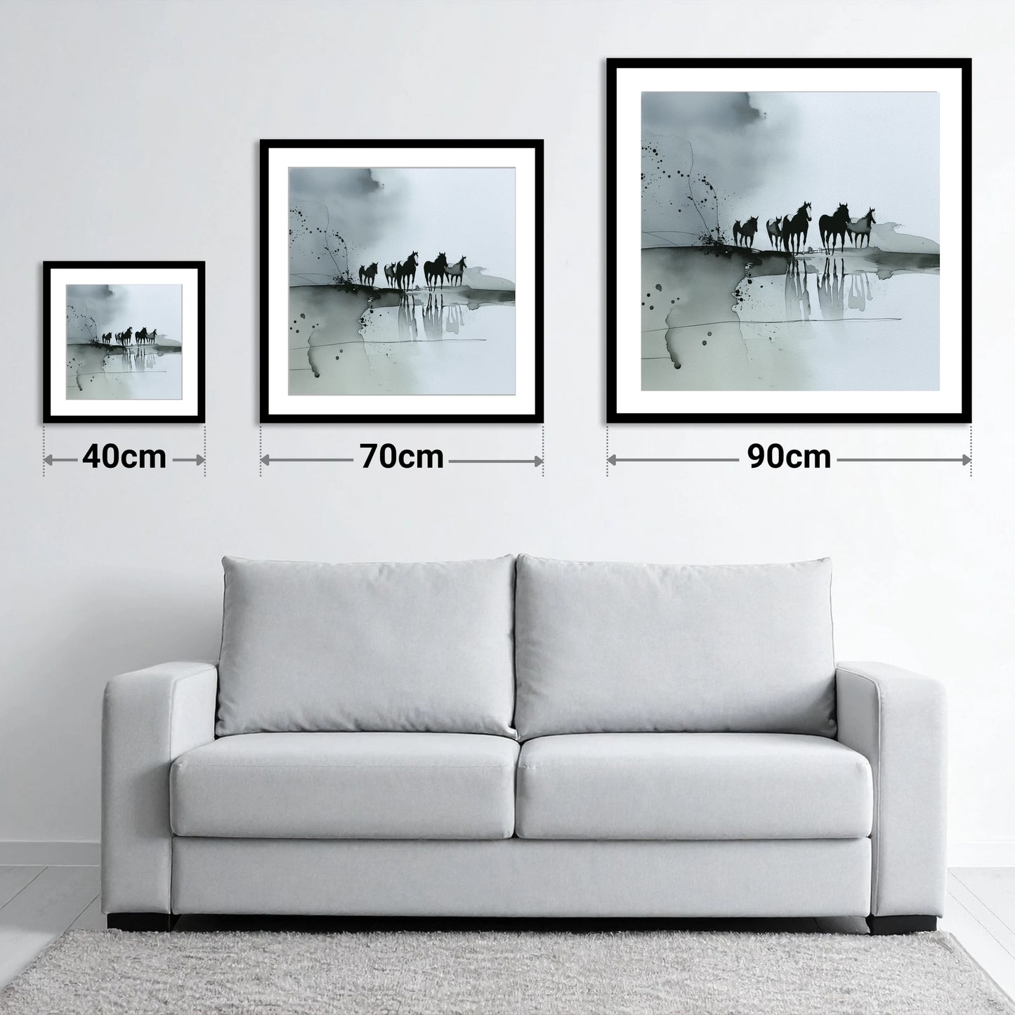 Reflections of the Wild Herd - size guide showing 40cm, 70cm and 90cm art prints