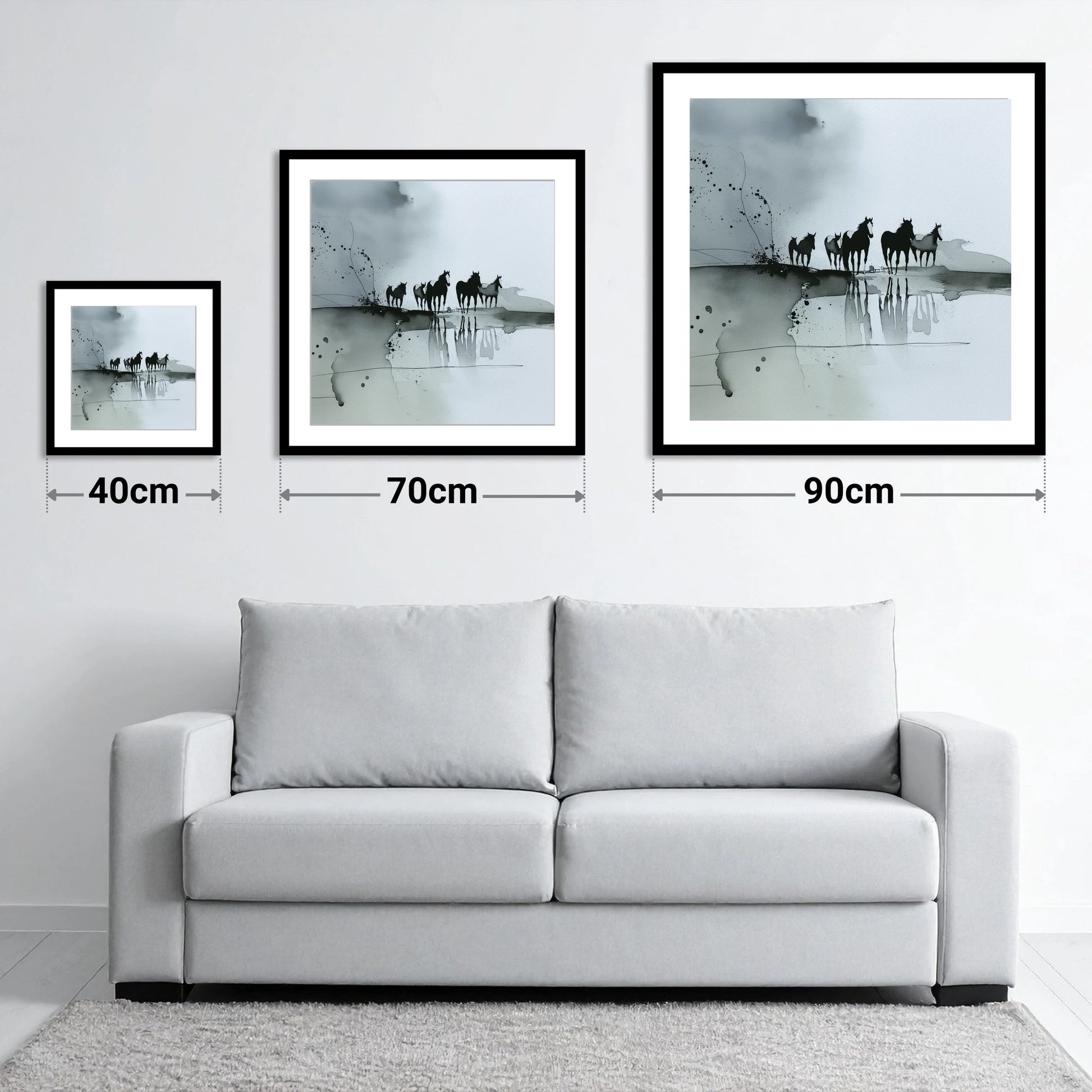 Reflections of the Wild Herd - size guide showing 40cm, 70cm and 90cm art prints