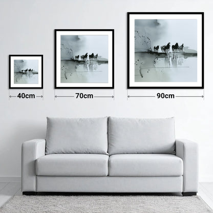 Reflections of the Wild Herd - size guide showing 40cm, 70cm and 90cm art prints
