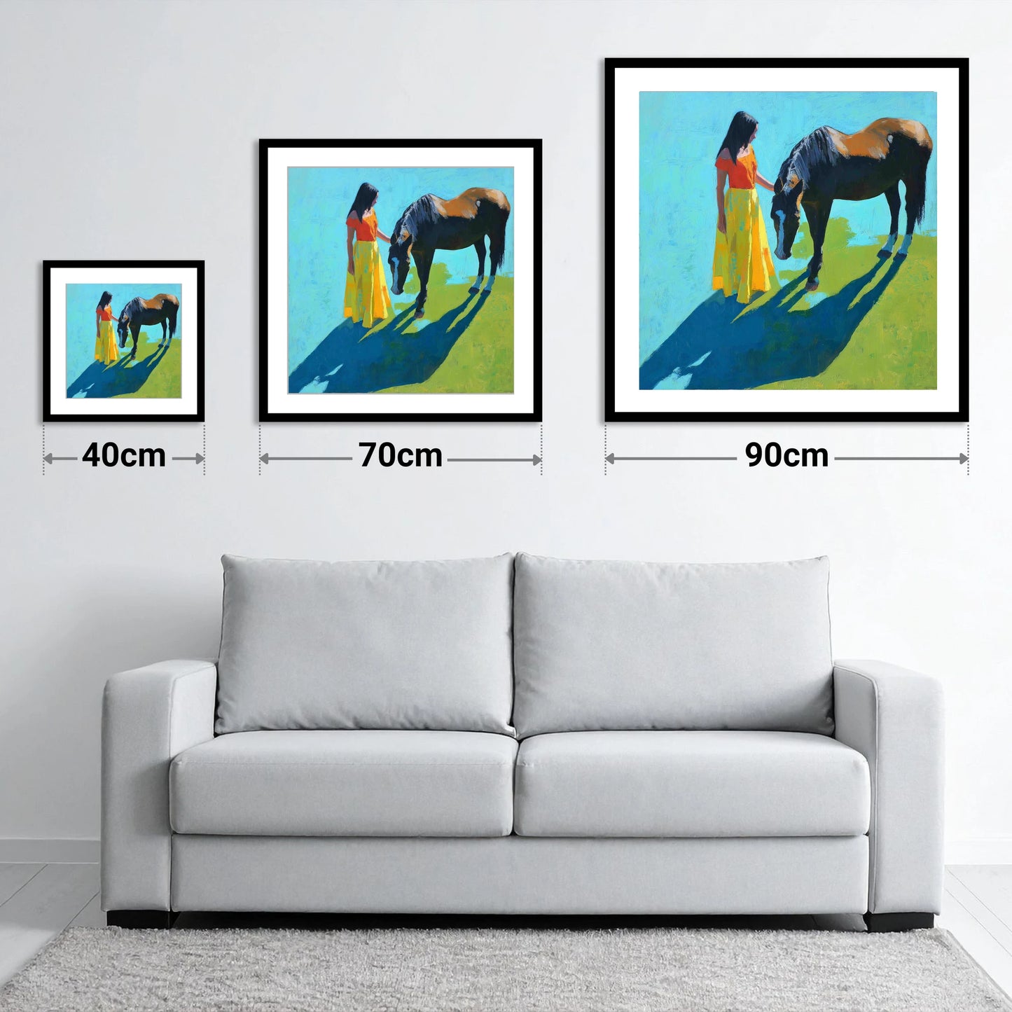 Sunlit Connection - size guide showing 40cm, 70cm and 90cm art prints