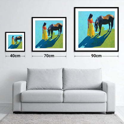 Sunlit Connection - size guide showing 40cm, 70cm and 90cm art prints