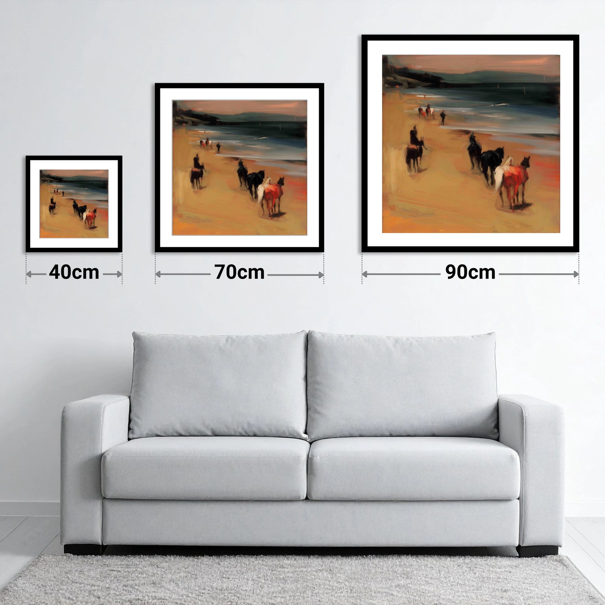 Twilight Coastal Hack - size guide showing 40cm, 70cm and 90cm art prints
