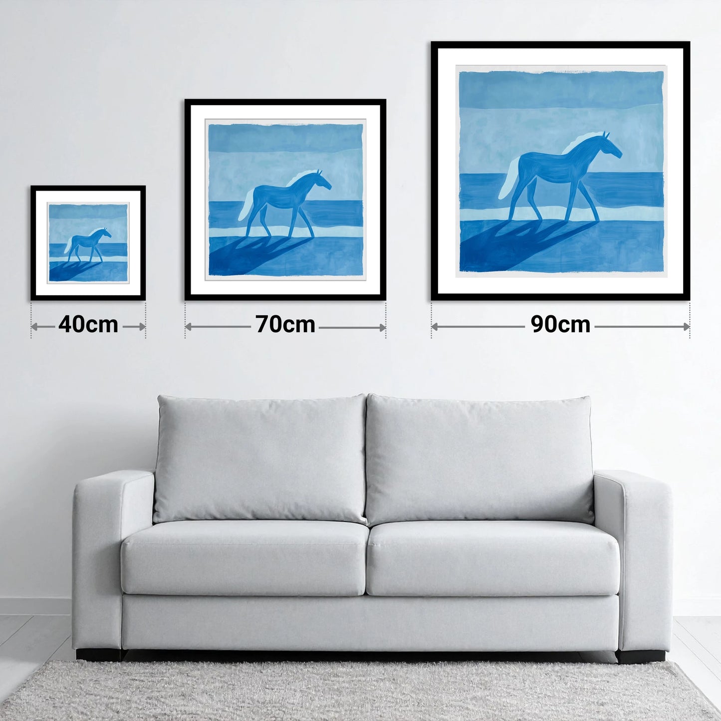 Cobalt Coastal Strides - size guide showing 40cm, 70cm and 90cm art prints
