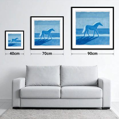 Cobalt Coastal Strides - size guide showing 40cm, 70cm and 90cm art prints