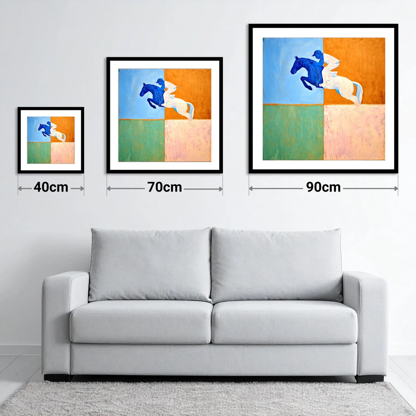 Abstract Cobalt Leap - size guide showing 40cm, 70cm and 90cm art prints