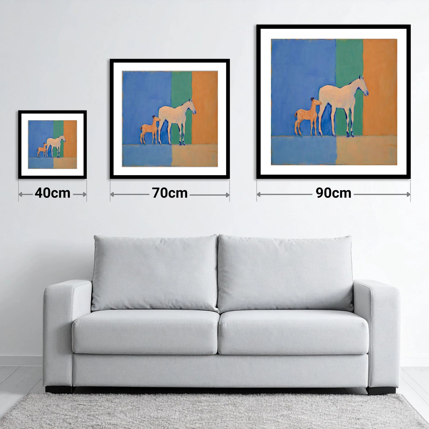 Cobalt and Terracotta Bond - size guide showing 40cm, 70cm and 90cm art prints