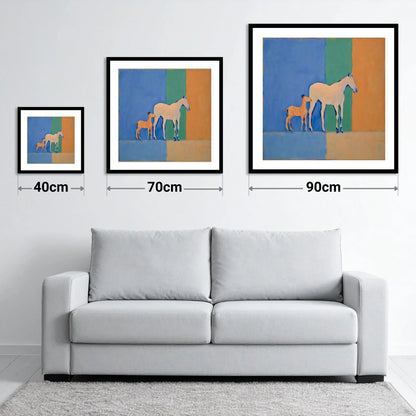 Cobalt and Terracotta Bond - size guide showing 40cm, 70cm and 90cm art prints