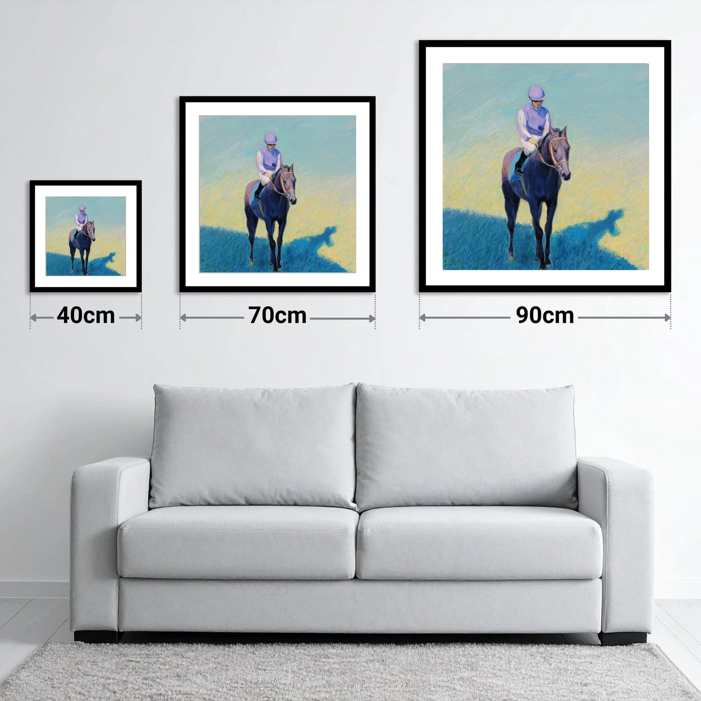 Lavender Silks - size guide showing 40cm, 70cm and 90cm art prints