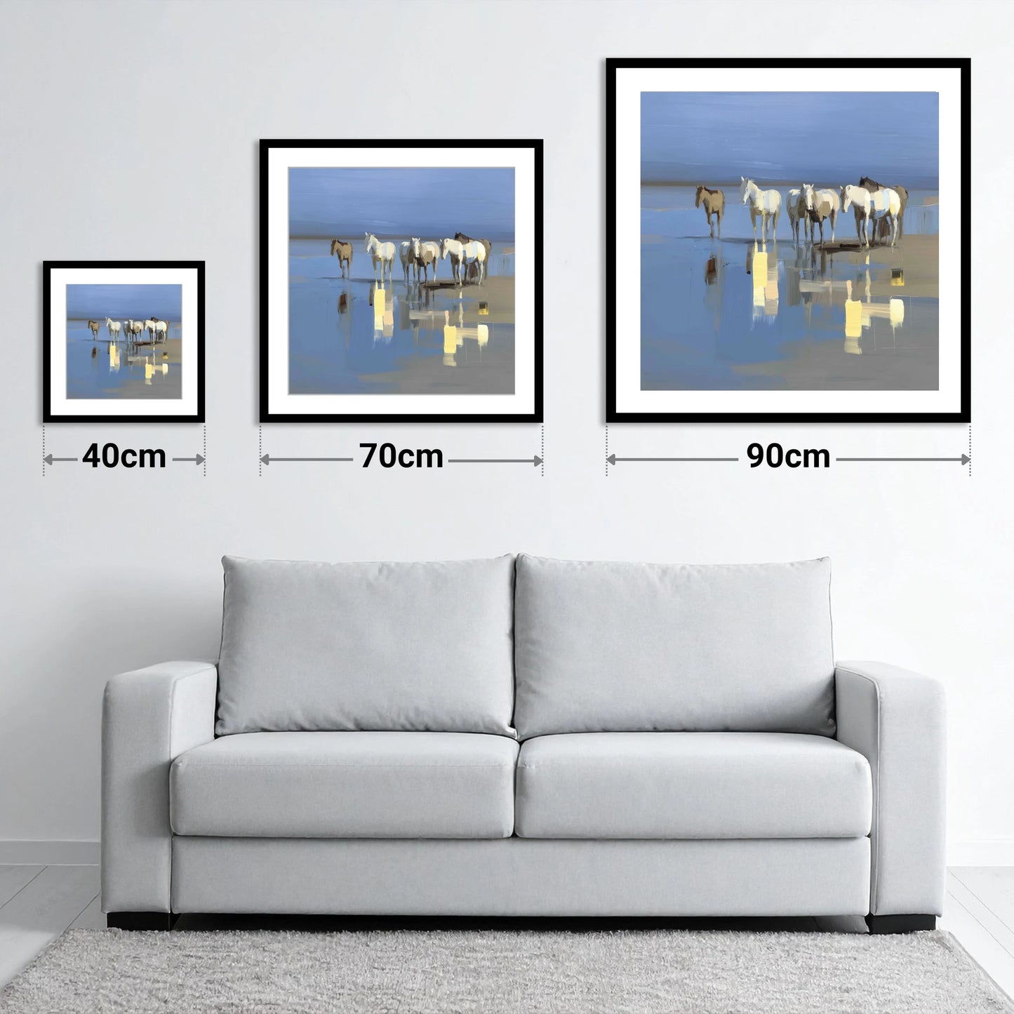 Reflections in Blue - size guide showing 40cm, 70cm and 90cm art prints