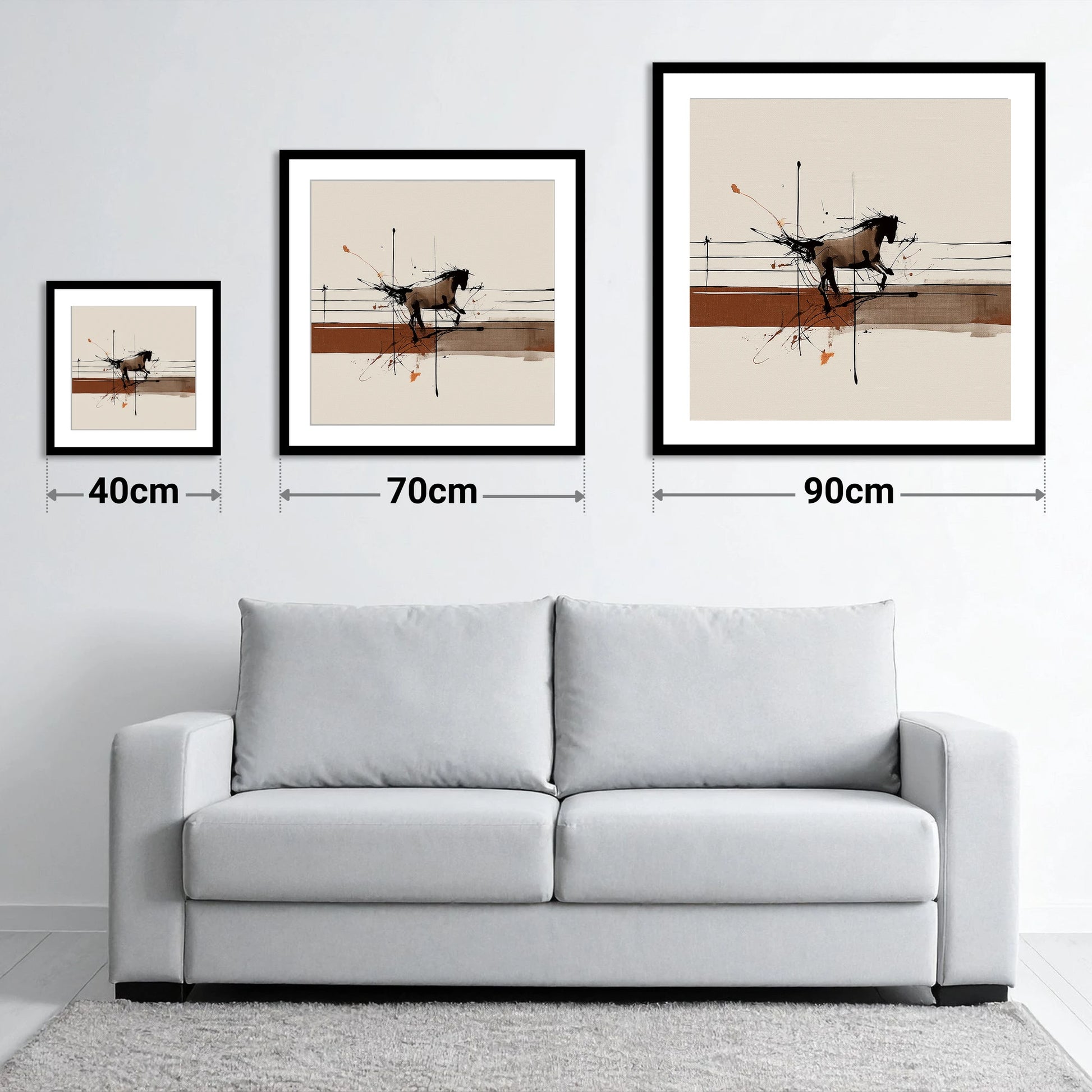 Unbridled Momentum - size guide showing 40cm, 70cm and 90cm art prints