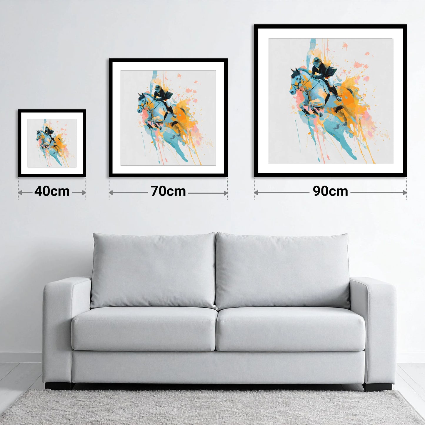 Airborne In Colour - size guide showing 40cm, 70cm and 90cm art prints