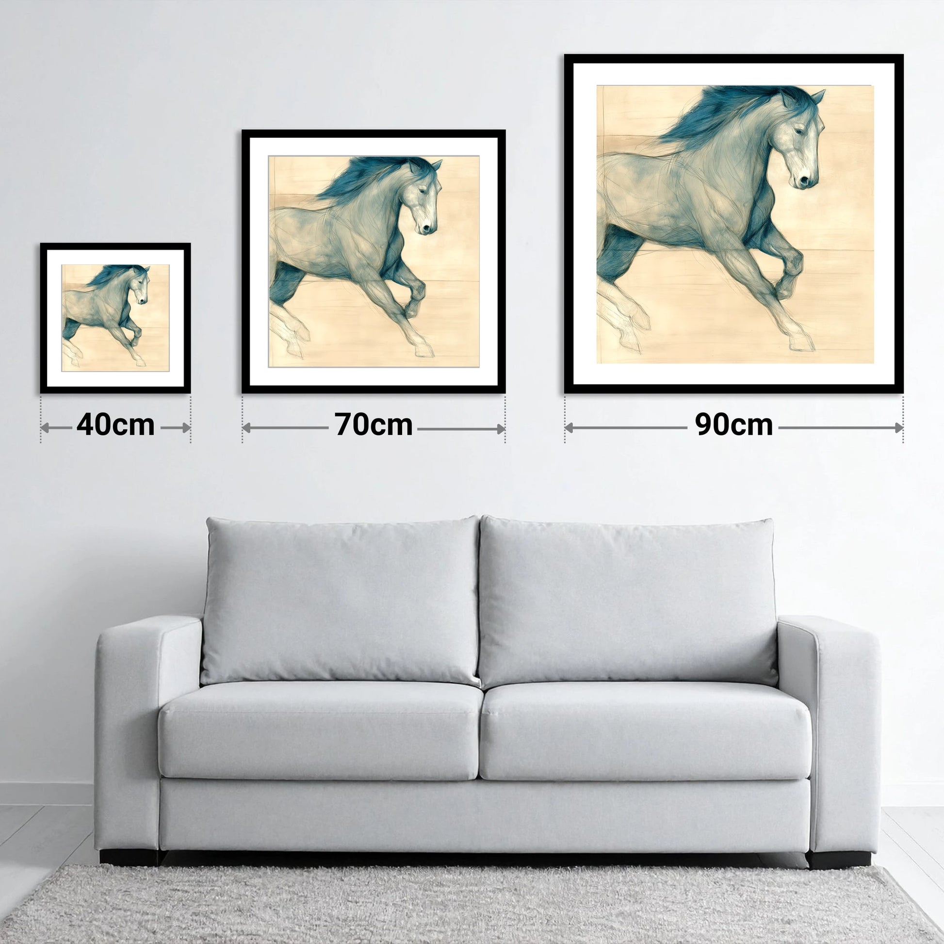 Teal Equine Study - size guide showing 40cm, 70cm and 90cm art prints