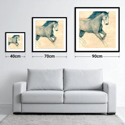 Teal Equine Study - size guide showing 40cm, 70cm and 90cm art prints
