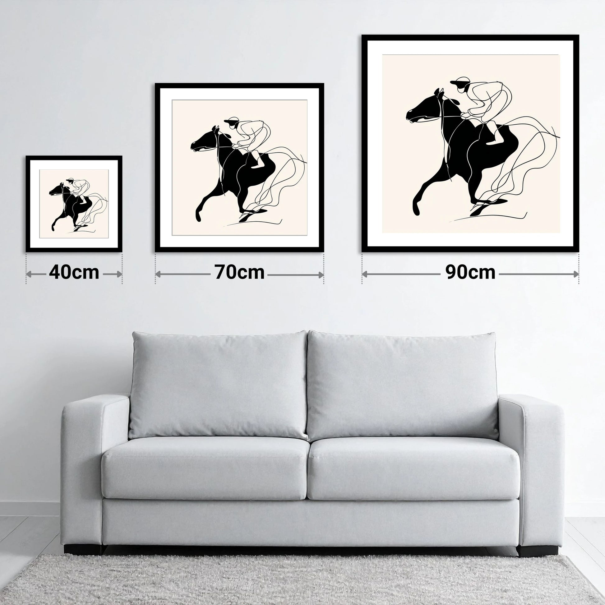 Fluidity in Motion - size guide showing 40cm, 70cm and 90cm art prints