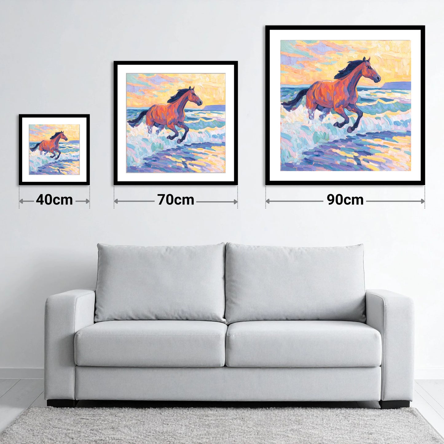 Painted Tide Canter - size guide showing 40cm, 70cm and 90cm art prints