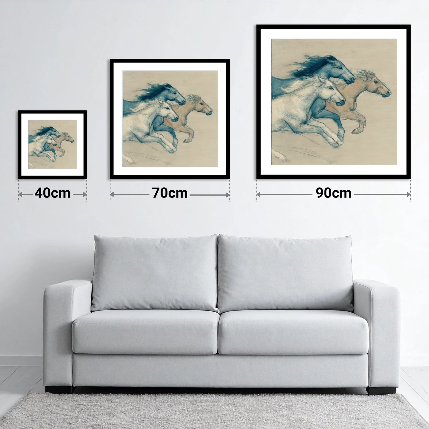 Azure Equine Trio - size guide showing 40cm, 70cm and 90cm art prints