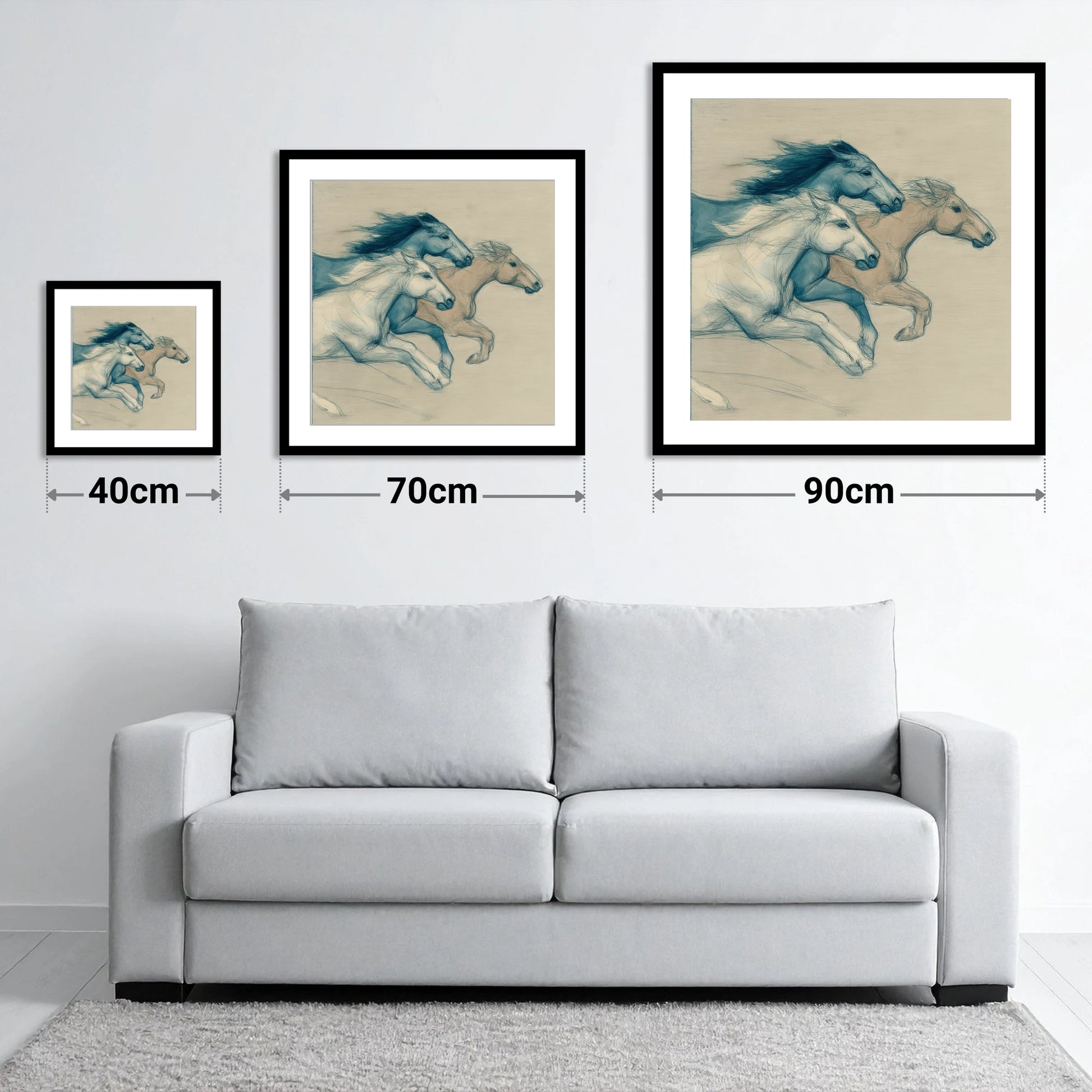 Azure Equine Trio - size guide showing 40cm, 70cm and 90cm art prints
