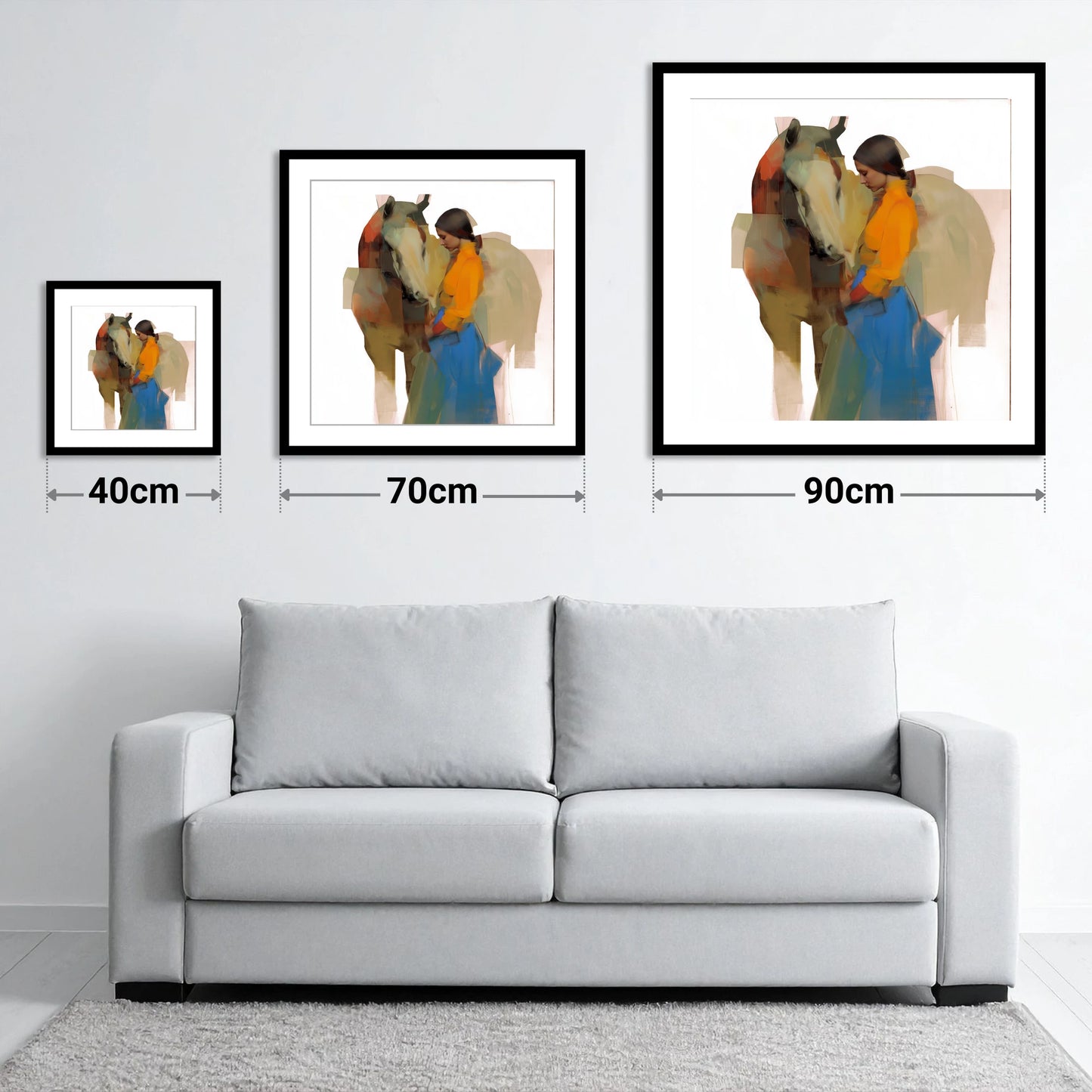 Modern Harmony - size guide showing 40cm, 70cm and 90cm art prints