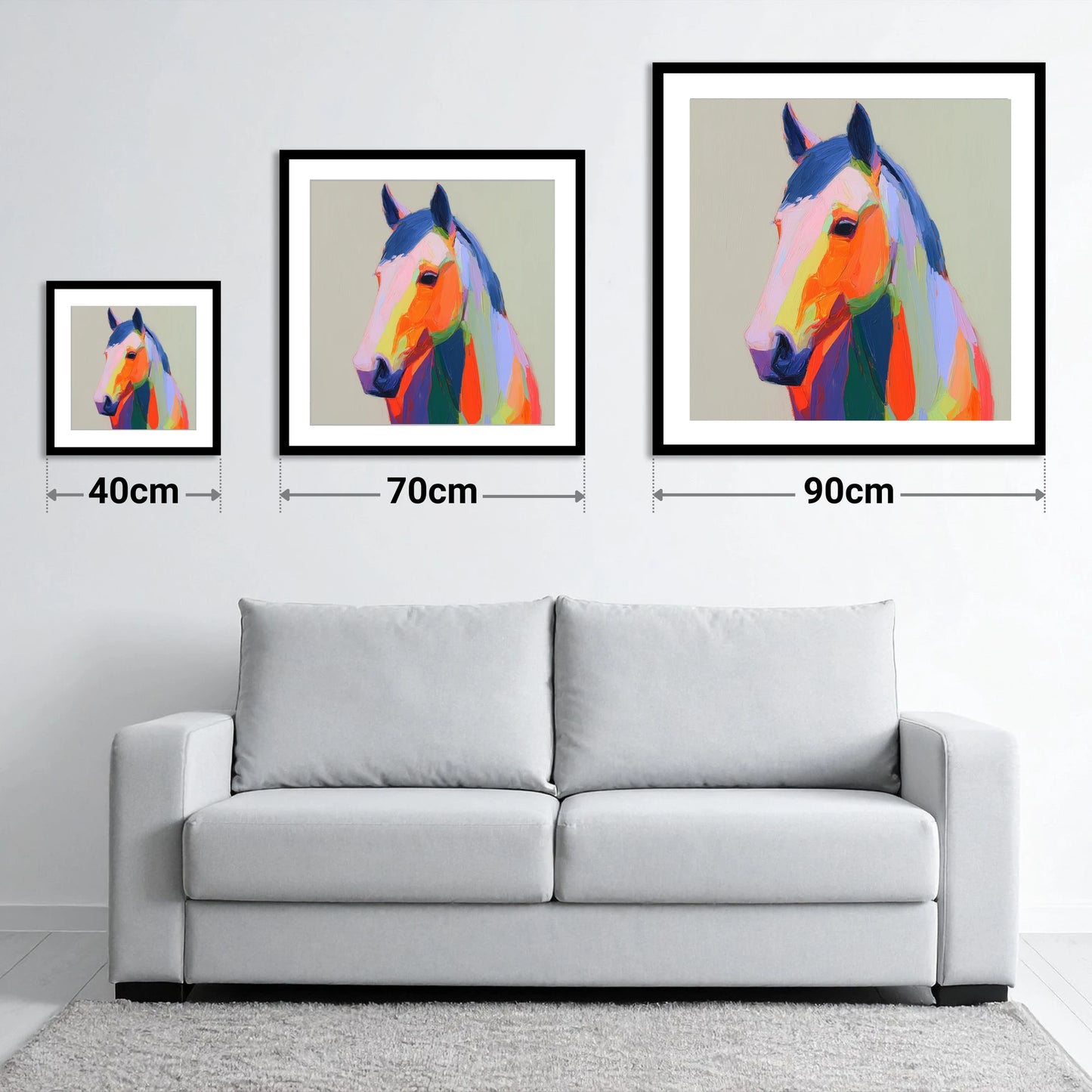 Vivid Technicolour Spirit - size guide showing 40cm, 70cm and 90cm art prints