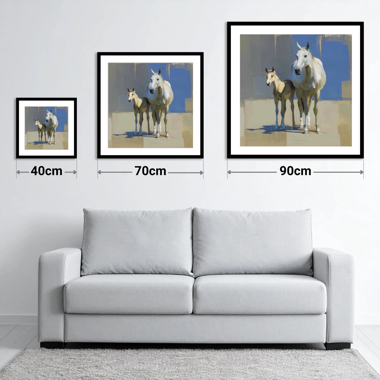 Sunlit Bonds - size guide showing 40cm, 70cm and 90cm art prints