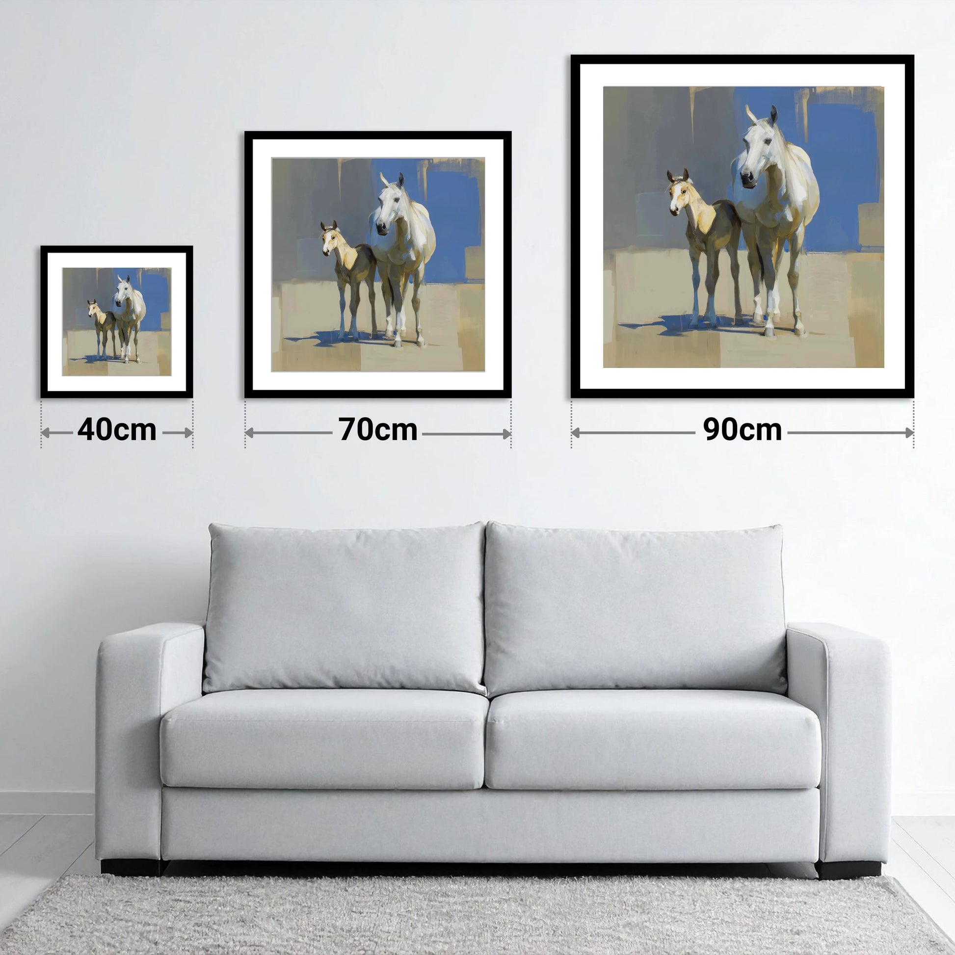 Sunlit Bonds - size guide showing 40cm, 70cm and 90cm art prints
