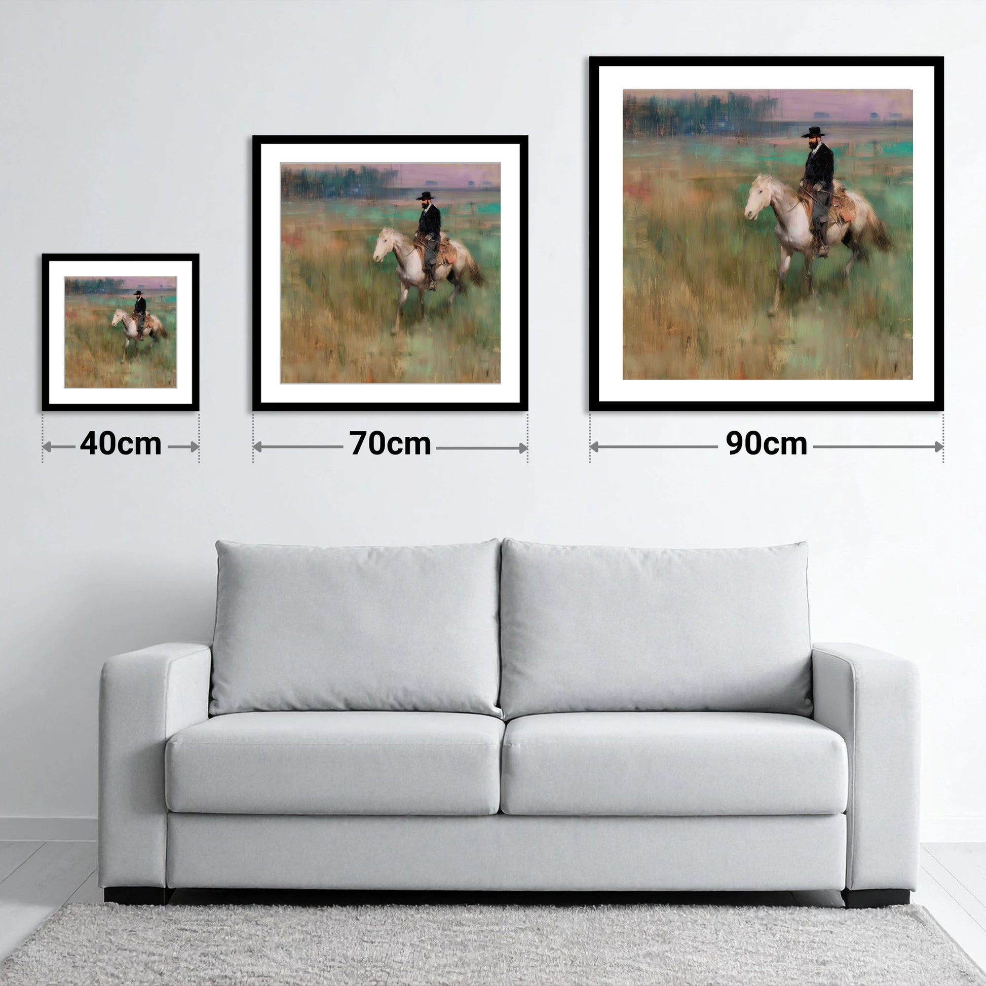 The Prairie Trail - size guide showing 40cm, 70cm and 90cm art prints