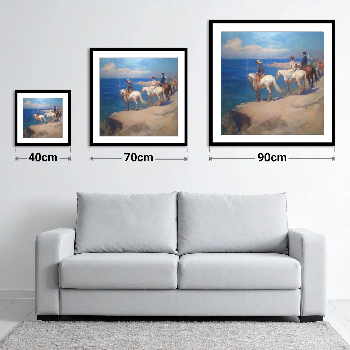 Coastal Riders Halt - size guide showing 40cm, 70cm and 90cm art prints