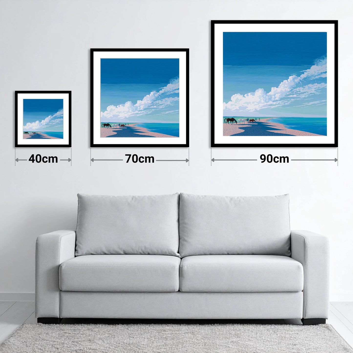 Endless Shoreline Hack - size guide showing 40cm, 70cm and 90cm art prints