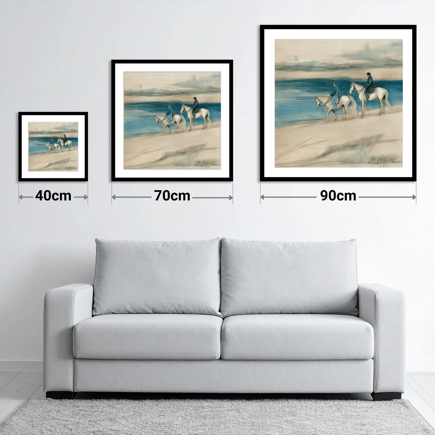 Tide Line Companions - size guide showing 40cm, 70cm and 90cm art prints