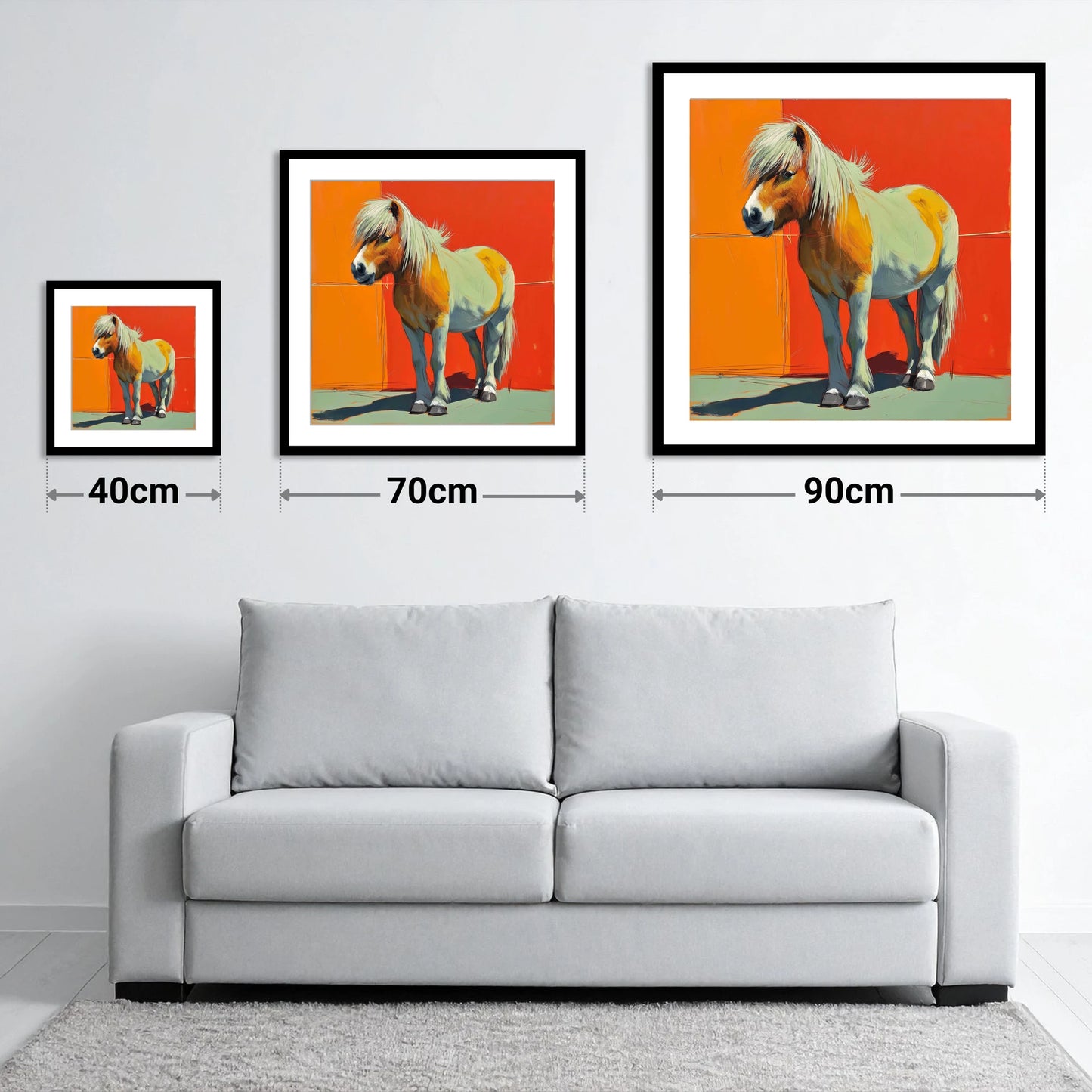Vibrant Pony Portrait - size guide showing 40cm, 70cm and 90cm art prints