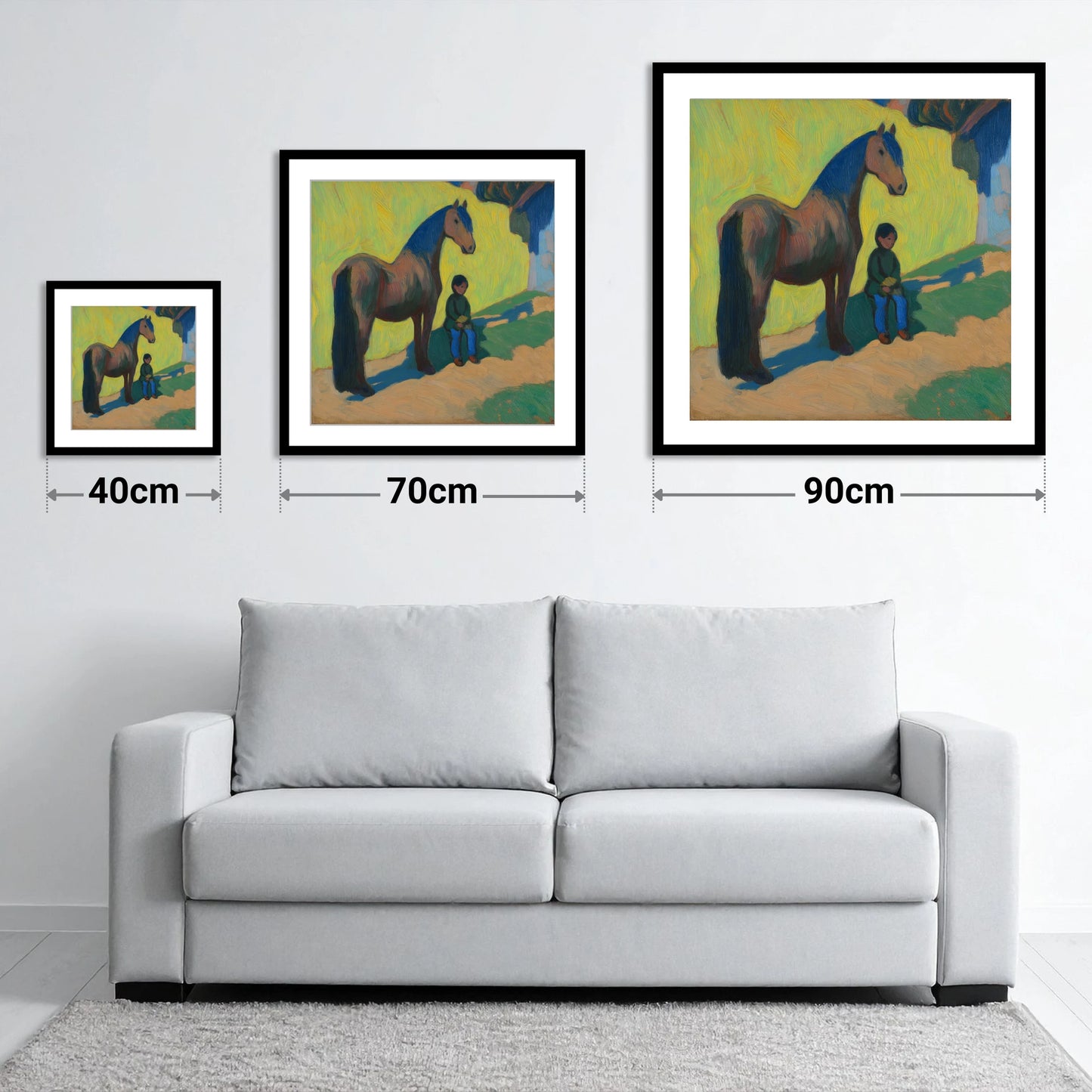 Sunlit Companionship - size guide showing 40cm, 70cm and 90cm art prints