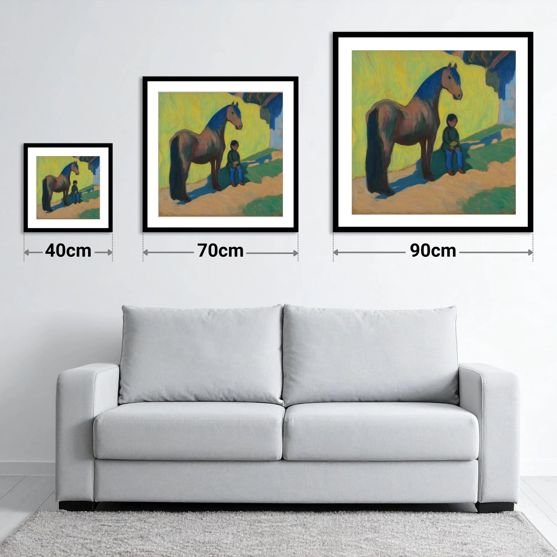 Sunlit Companionship - size guide showing 40cm, 70cm and 90cm art prints