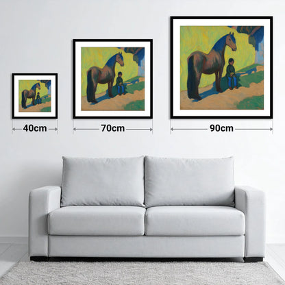 Sunlit Companionship - size guide showing 40cm, 70cm and 90cm art prints