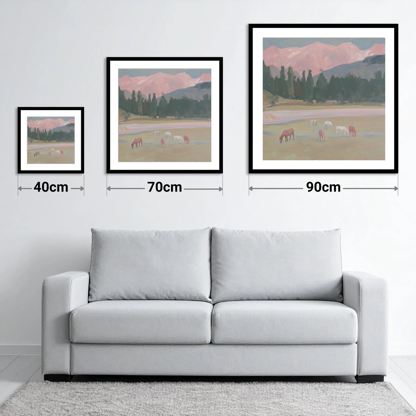 Alpenglow Pastures - size guide showing 40cm, 70cm and 90cm art prints