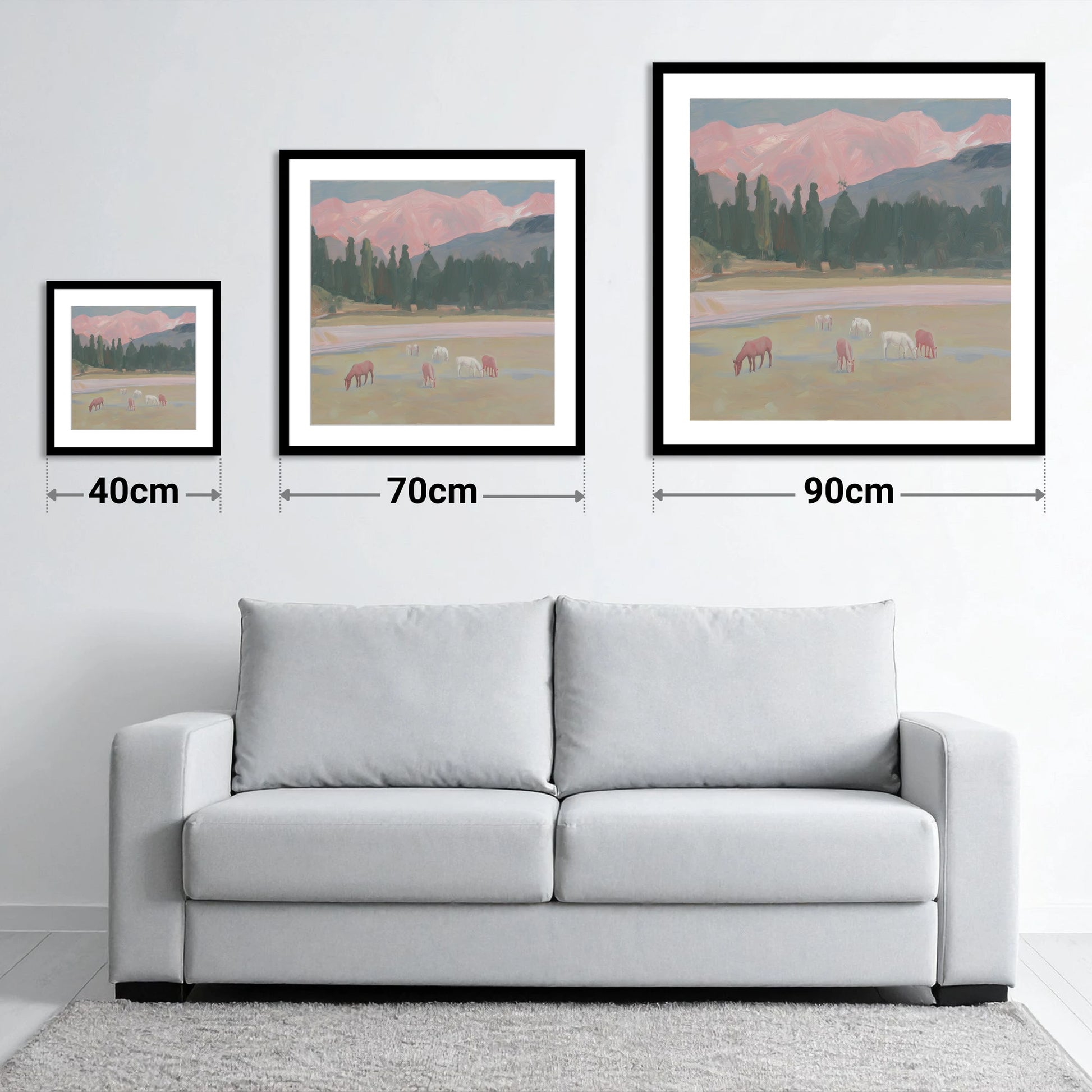 Alpenglow Pastures - size guide showing 40cm, 70cm and 90cm art prints