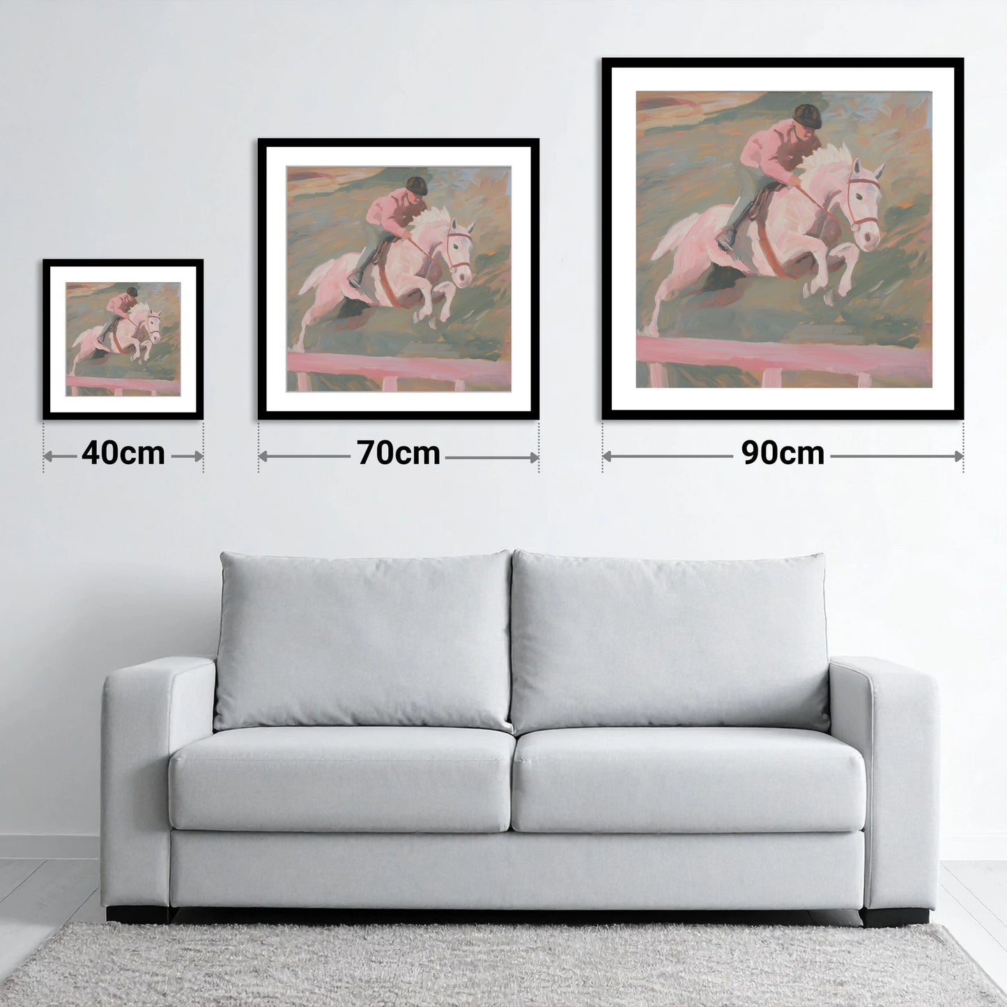 Airborne in Pastel - size guide showing 40cm, 70cm and 90cm art prints