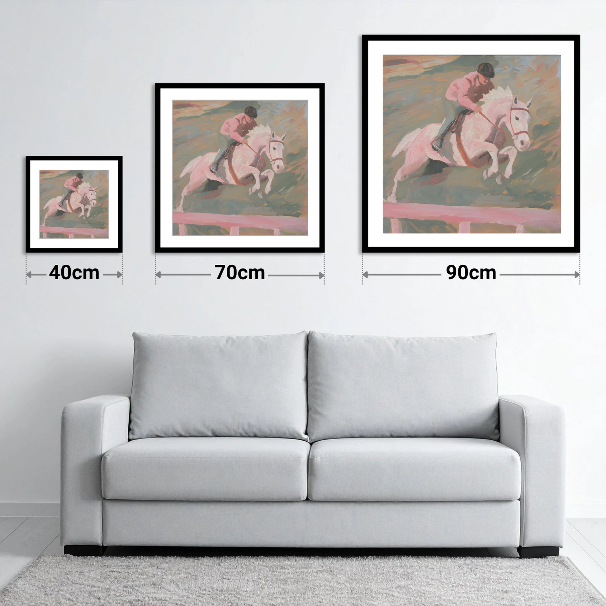 Airborne in Pastel - size guide showing 40cm, 70cm and 90cm art prints