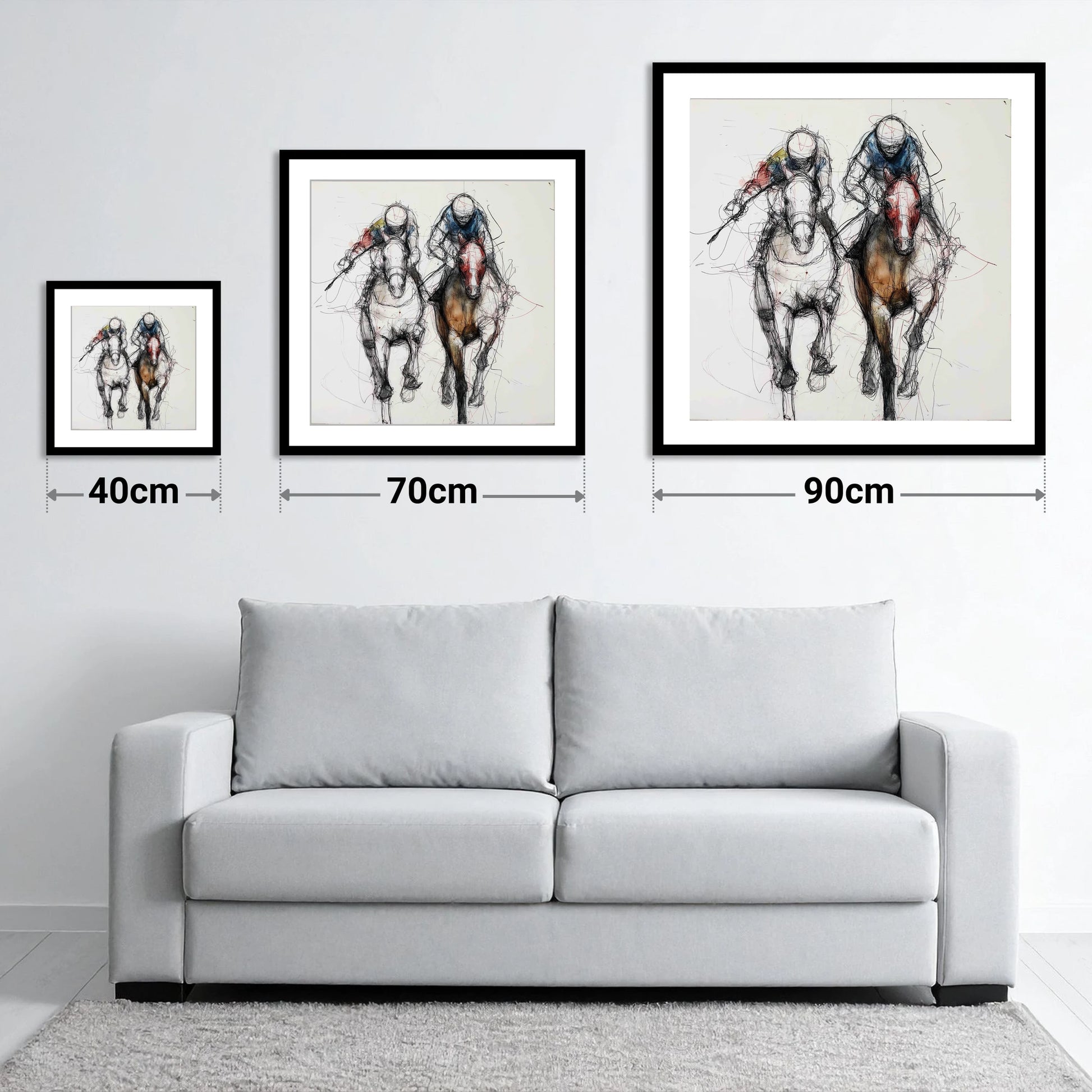 Neck and Neck - size guide showing 40cm, 70cm and 90cm art prints