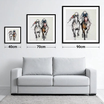 Neck and Neck - size guide showing 40cm, 70cm and 90cm art prints