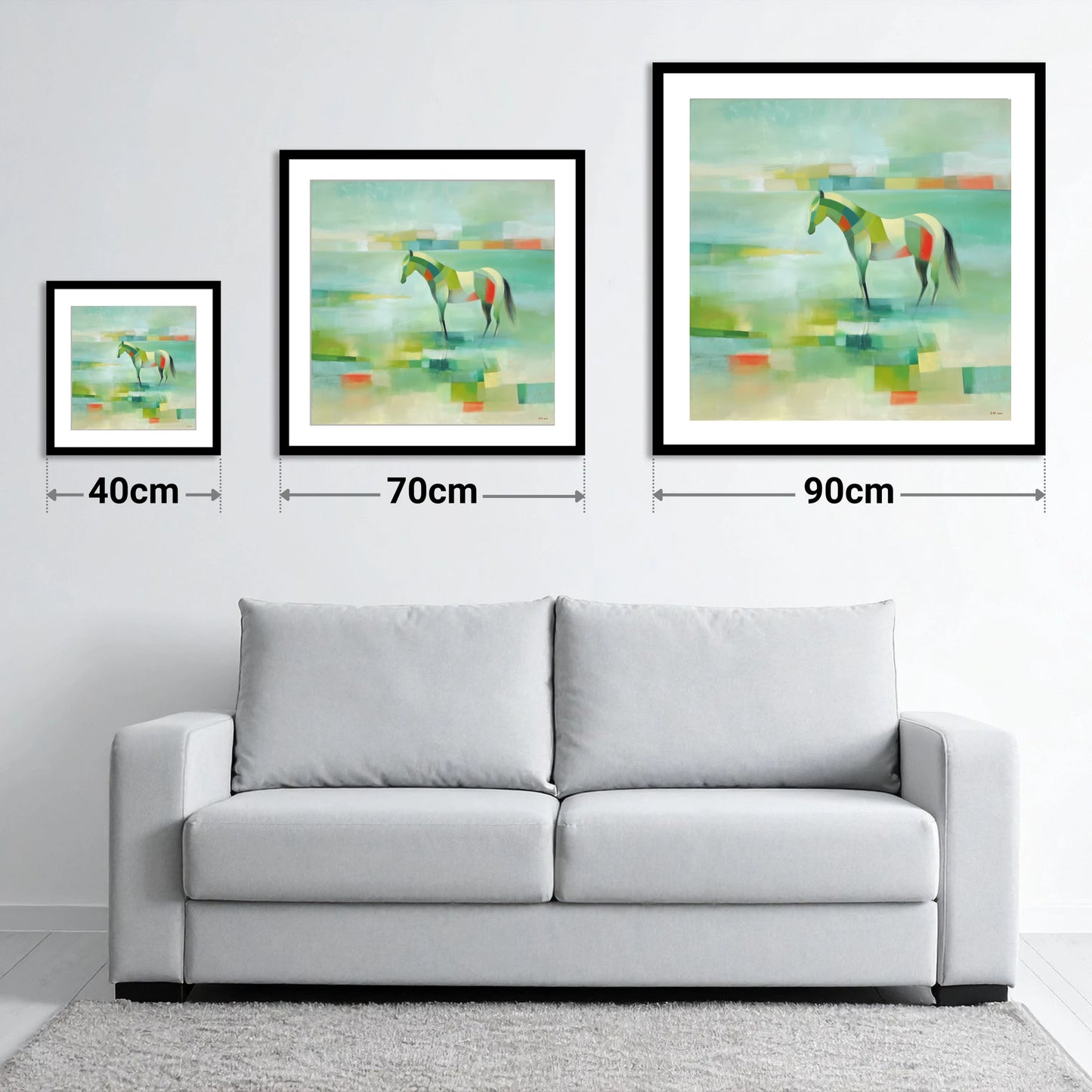 Emerald Beach Mosaic - size guide showing 40cm, 70cm and 90cm art prints