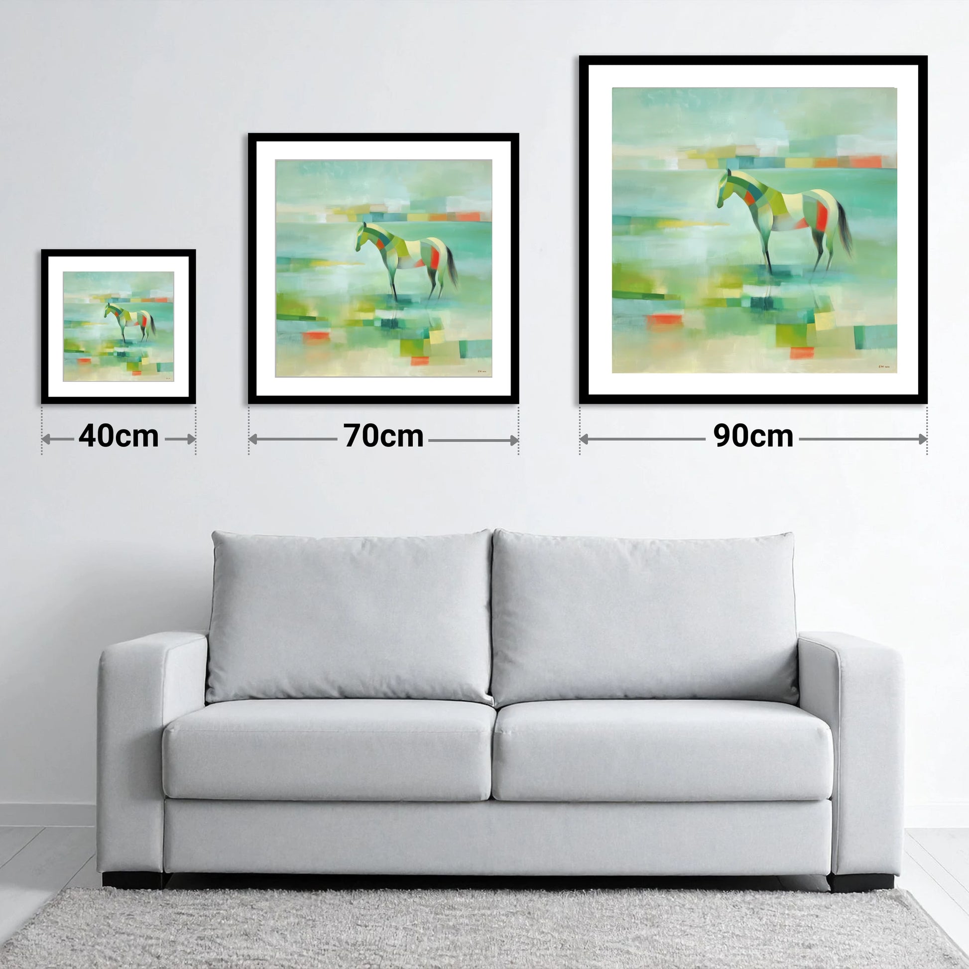 Emerald Beach Mosaic - size guide showing 40cm, 70cm and 90cm art prints